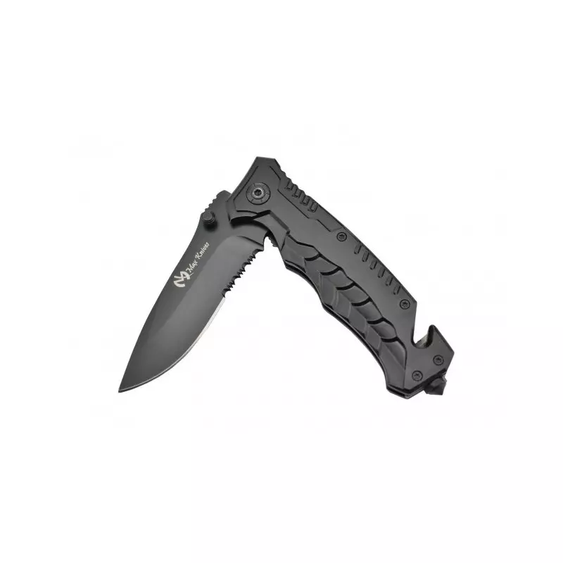 MAX KNIVES BLACK FOLDING KNIFE HALF-TOOTHED BLADE open