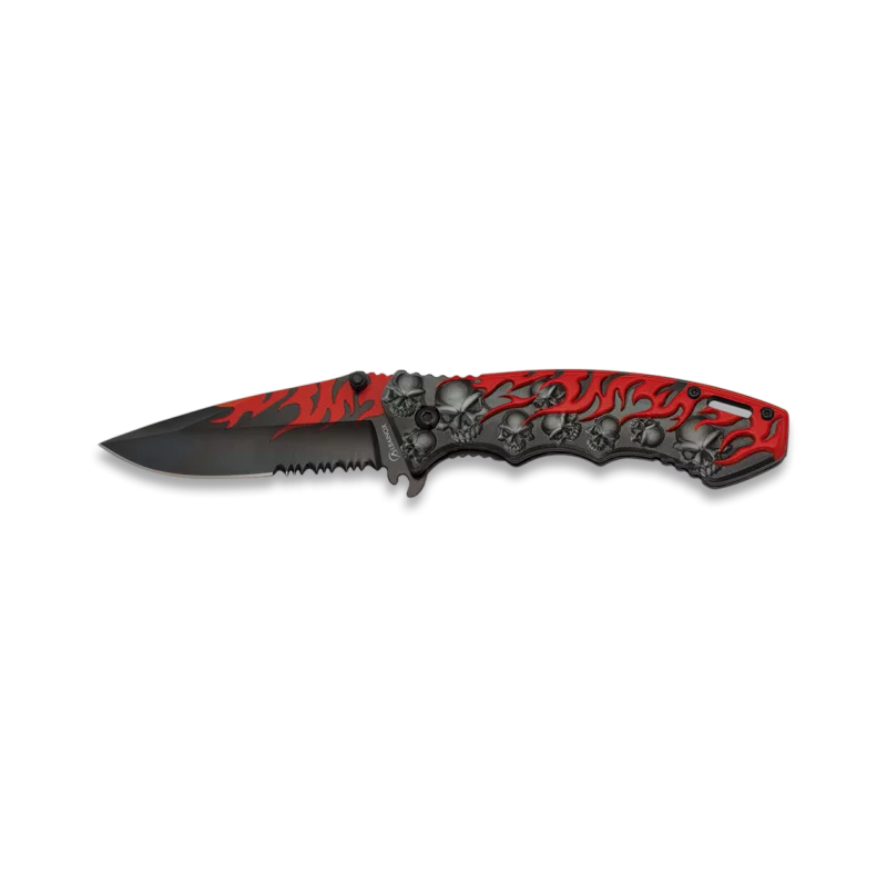 FOLDING KNIFE SKULL AND FLAMES RED BLADE 8.2CM
