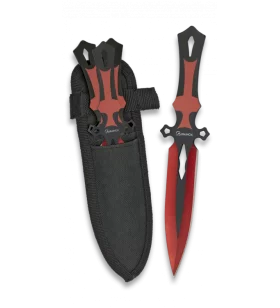 SET OF 3 BLACK AND RED THROWING KNIVES + CASE