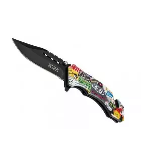 FOLDING KNIFE DECOR PLATES ROUTE 66 STAINLESS STEEL BLACK BLADE