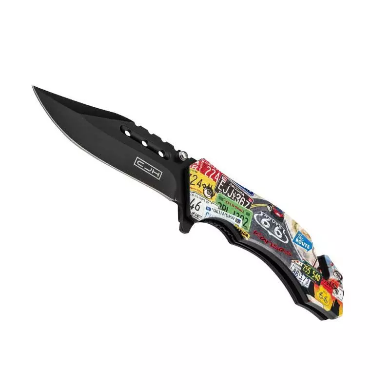 FOLDING KNIFE DECOR PLATES ROUTE 66 STAINLESS STEEL BLACK BLADE