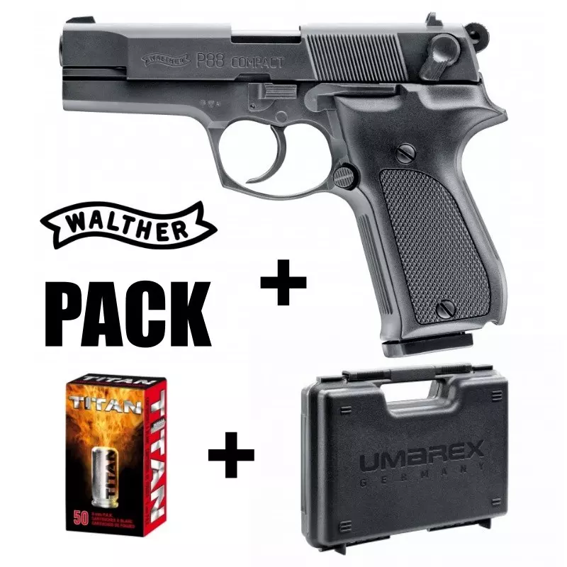PACK PISTOLET A BLANC WALTHER P88 BLACK 9MM + MUNITIONS A BLANC + MALLETTE
