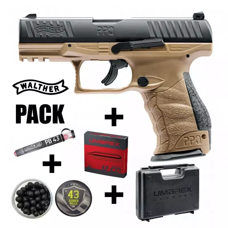 WALTHER PPQ TAN T4E CAL.43 PISTOL PACK + RUBBER AND PEPPER BALLS