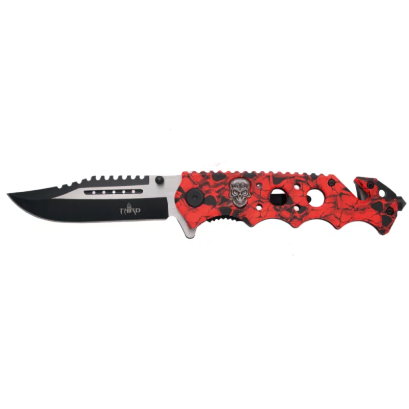 THIRD TACTICAL FOLDING KNIFE RED PATTERN SKULL