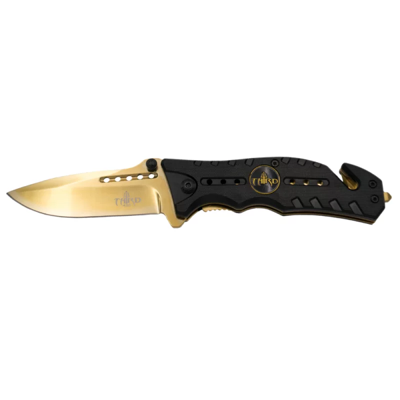 THIRD TACTICAL FOLDING KNIFE GOLD AND BLACK PATTERN