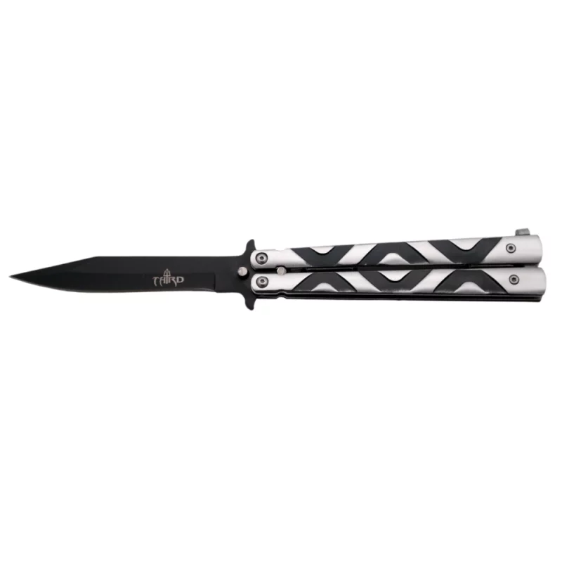 THIRD BUTTERFLY KNIFE BLACK SILVER BLADE 11CM