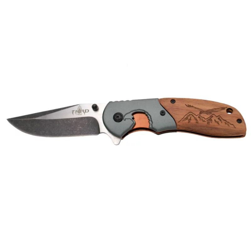 THIRD WOOD FOLDING KNIFE WITH EAGLE PATTERN AND STEEL BLADE 9.6CM