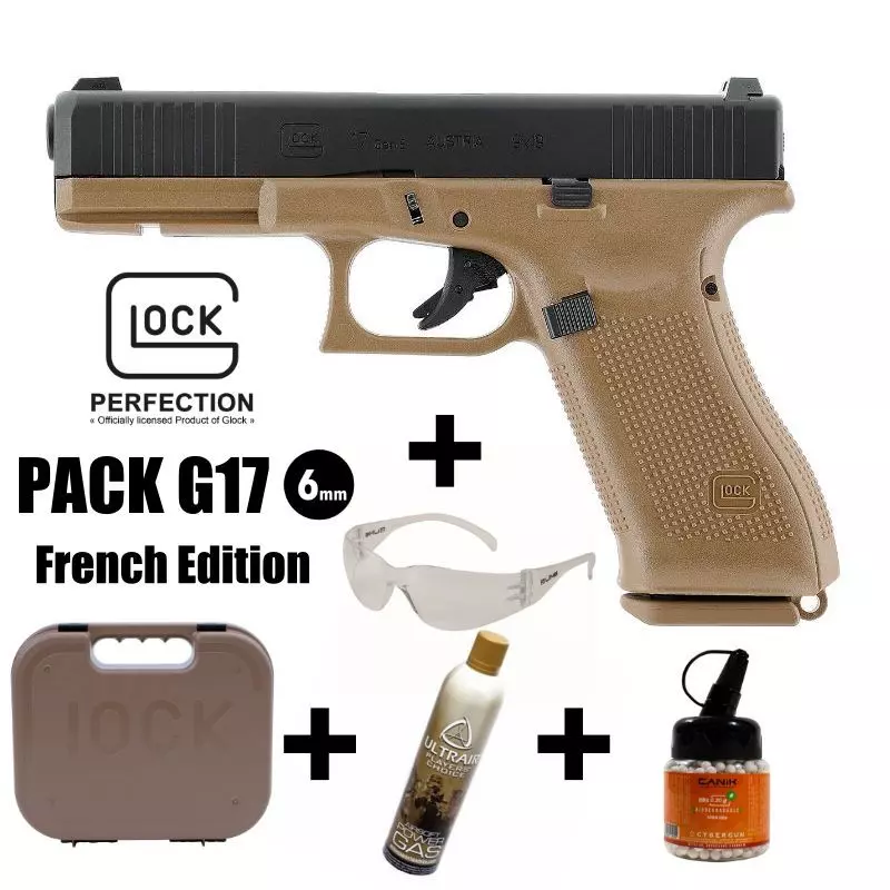GLOCK 17 Gen5 French Edition AIRSOFT PISTOL PACK Coyote - 6 mm BB - Gas 1J