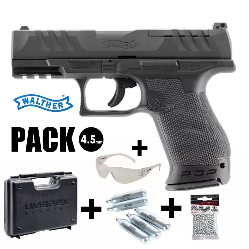 PACK PISTOLET WALTHER PDP COMPACT 4" Noir - 4.5mm BB CO²