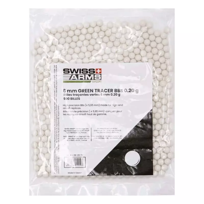 BILLES AIRSOFT BIO SWISS ARMS 0,20 g TRACER VERT SACHET 500BBs