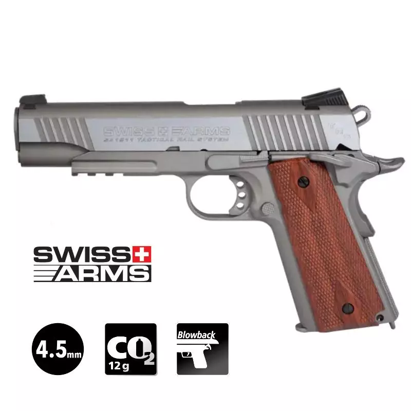 SWISS ARMS 1911 RAIL GUN Silver - Blowback 4.5mm CO2