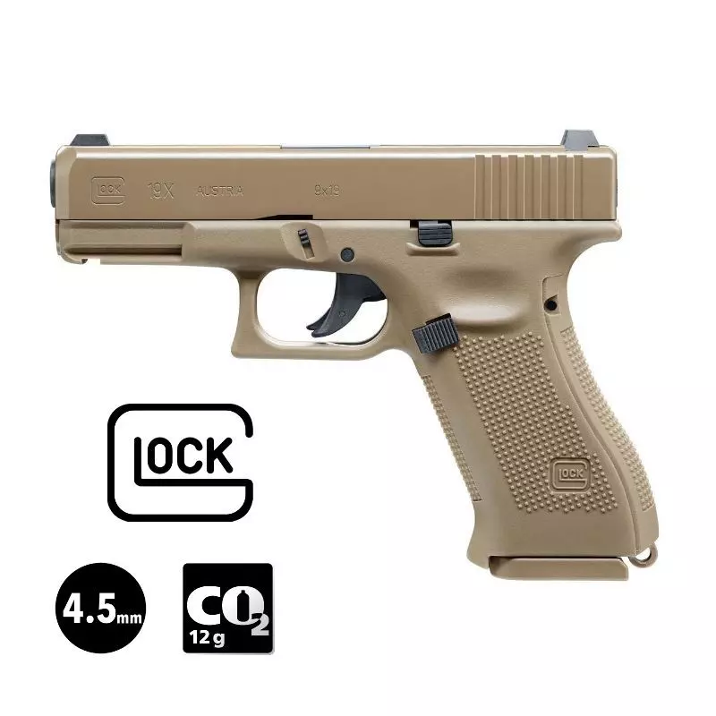 GLOCK 19X AIRGUN PISTOL Coyote - Fixed Slide - 4.5 mm BBs - CO² 3J