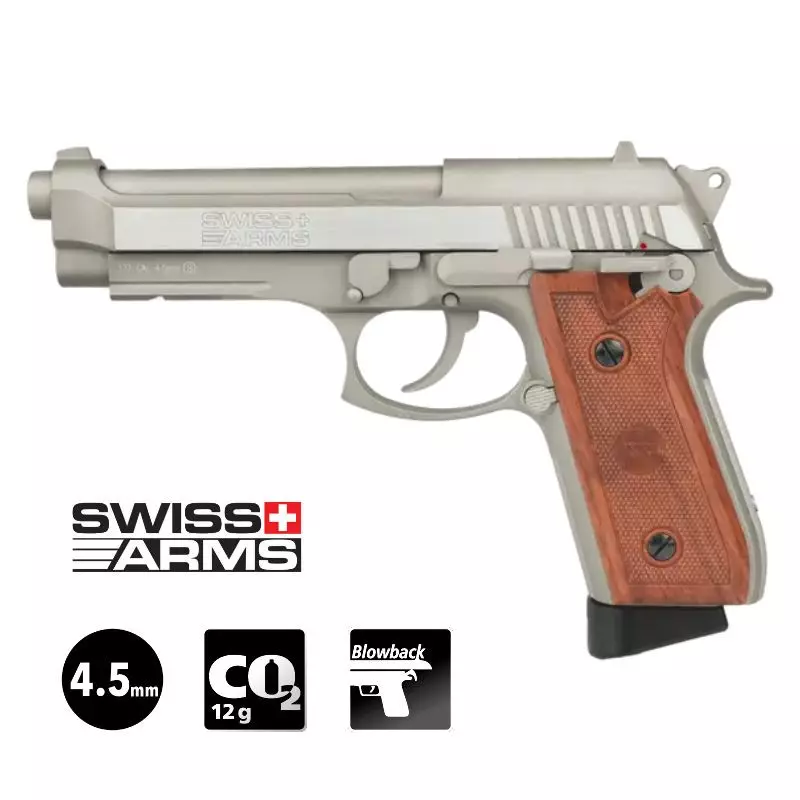 PISTOLET SWISS ARMS P92 Stainless - Culasse mobile - 4.5mm BB - CO² / 1.6J