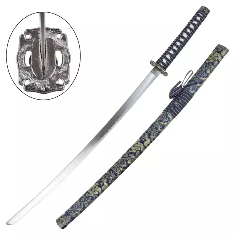 KATANA DECO STEEL BLADE BLUE SILK GOLD PATTERN