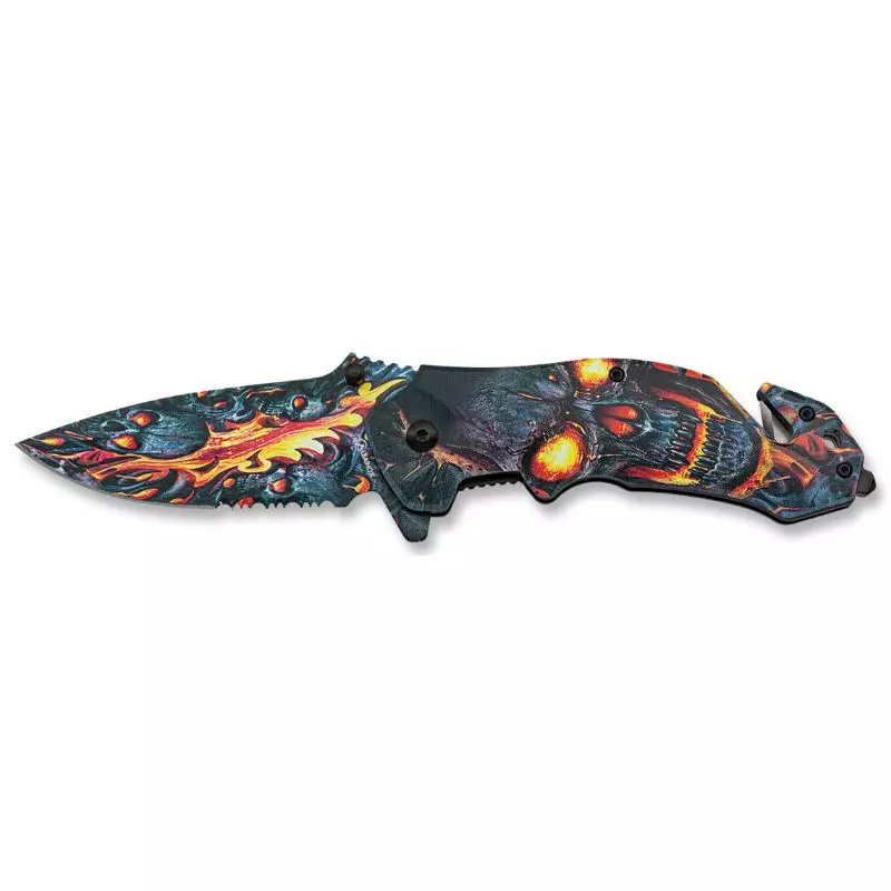 COUTEAU PLIANT SKULL EN FLAMES LAME 8.8CM