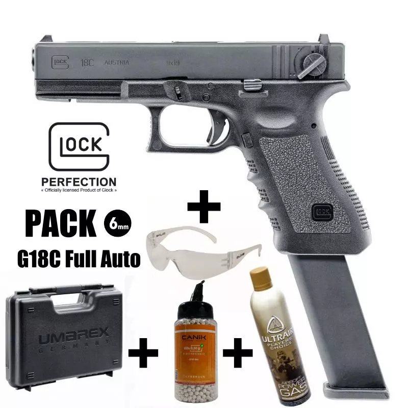 GLOCK 18C FULL AUTO AIRSOFT PISTOL PACK Black - 6 mm BB - Gas 1J