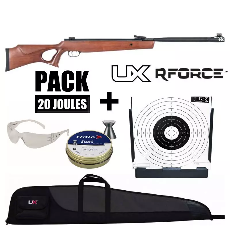 PACK CARABINE AIR COMPRIME UX R-FORCE XTREM BOIS GAS PISTON CAL 4.5MM 19,9 J