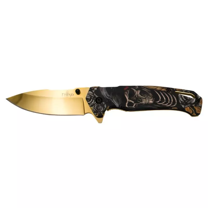 THIRD FOLDING KNIFE SKULL SKELETON PATTERN GOLD BLADE