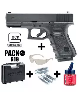 GLOCK 19 AIRSOFT PISTOL PACK Black - Fixed Slide - 6 mm BB - CO² 2J