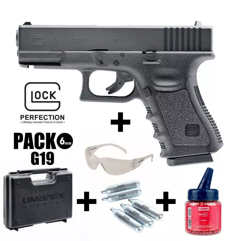 GLOCK 19 AIRSOFT PISTOL PACK Black - Fixed Slide - 6 mm BB - CO² 2J