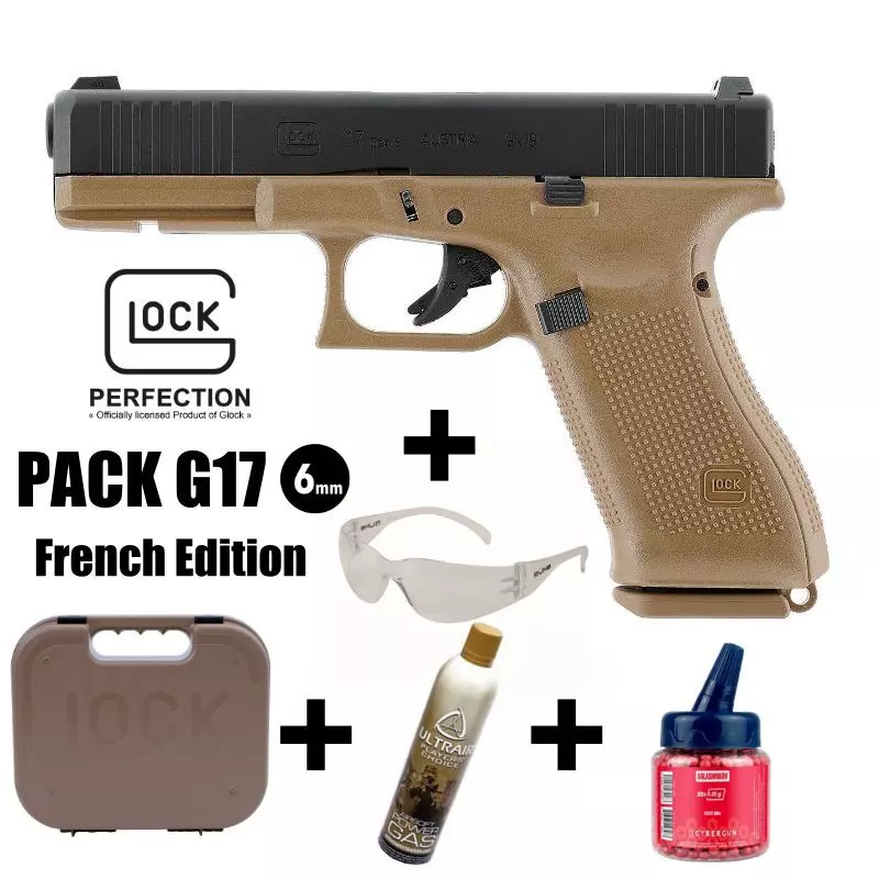 GLOCK 17 Gen5 French Edition AIRSOFT PISTOL PACK Coyote - 6 mm BB - Gas 1J