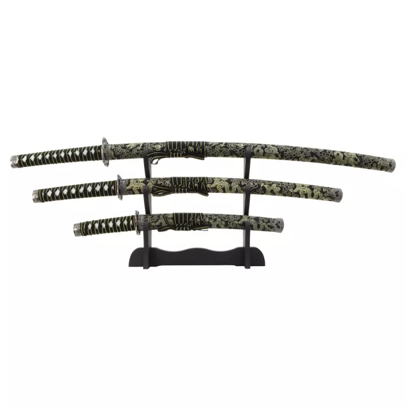 SET 3 KATANAS DECO LAME ACIER MOTIF SOIE NOIRE MOTIF OR