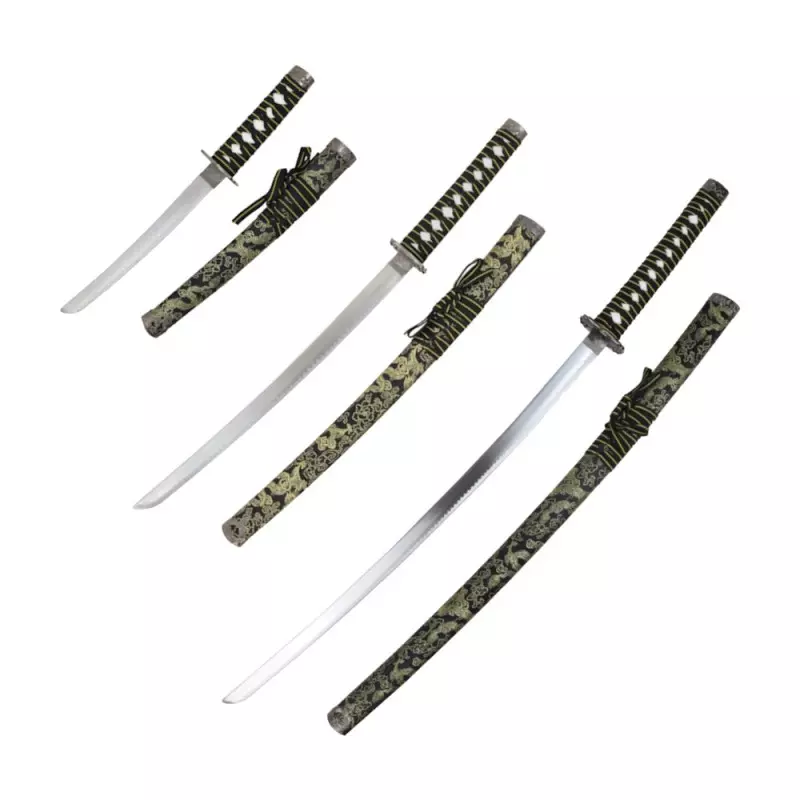 KATANA SET DECO STEEL BLADE BLACK SILK GOLD PATTERN