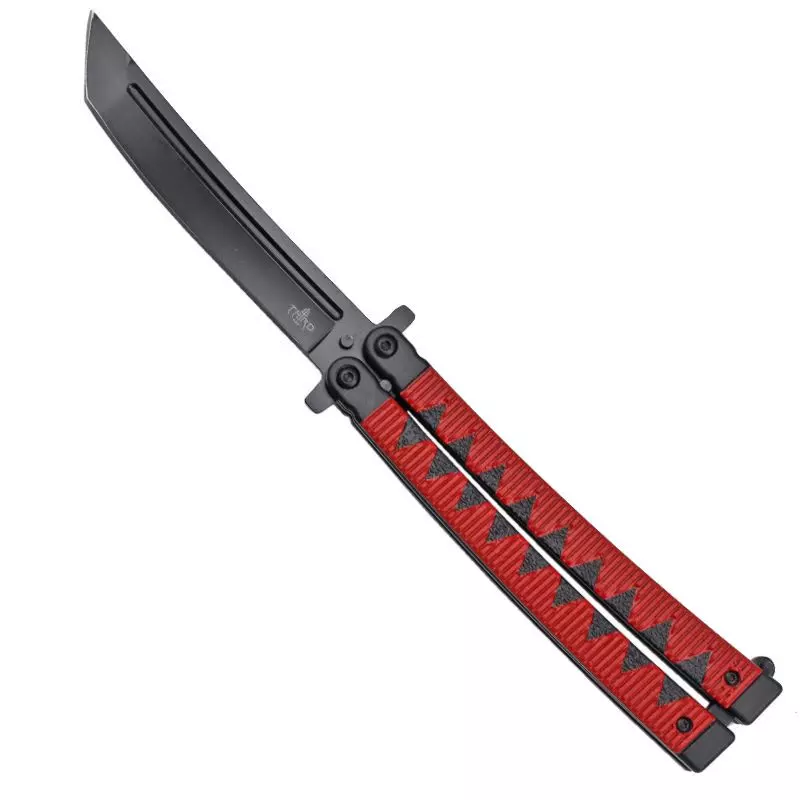 THIRD BUTTERFLY KNIFE BLACK STEEL BLADE RED NINJA HANDLE